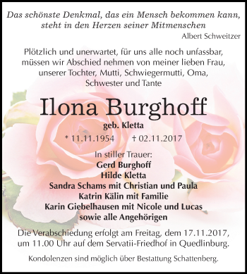 Traueranzeige von Ilona Burghoff von Mitteldeutsche Zeitung Quedlinburg