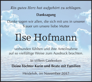 Traueranzeige von Ilse Hofmann von Mitteldeutsche Zeitung Bitterfeld