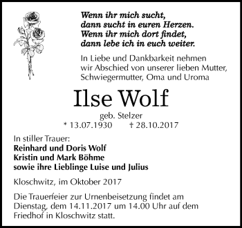 Traueranzeige von Ilse Wolf von Mitteldeutsche Zeitung Halle/Saalkreis