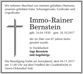 Traueranzeige von Immo-RRainer Bernstein von Mitteldeutsche Zeitung Merseburg/Querfurt