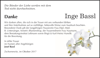 Traueranzeige von Inge Bassl von WVG - Wochenspiegel Wittenberg