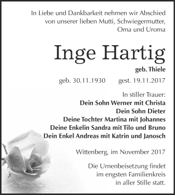 Traueranzeige von Inge Hartig von WVG - Wochenspiegel Wittenberg