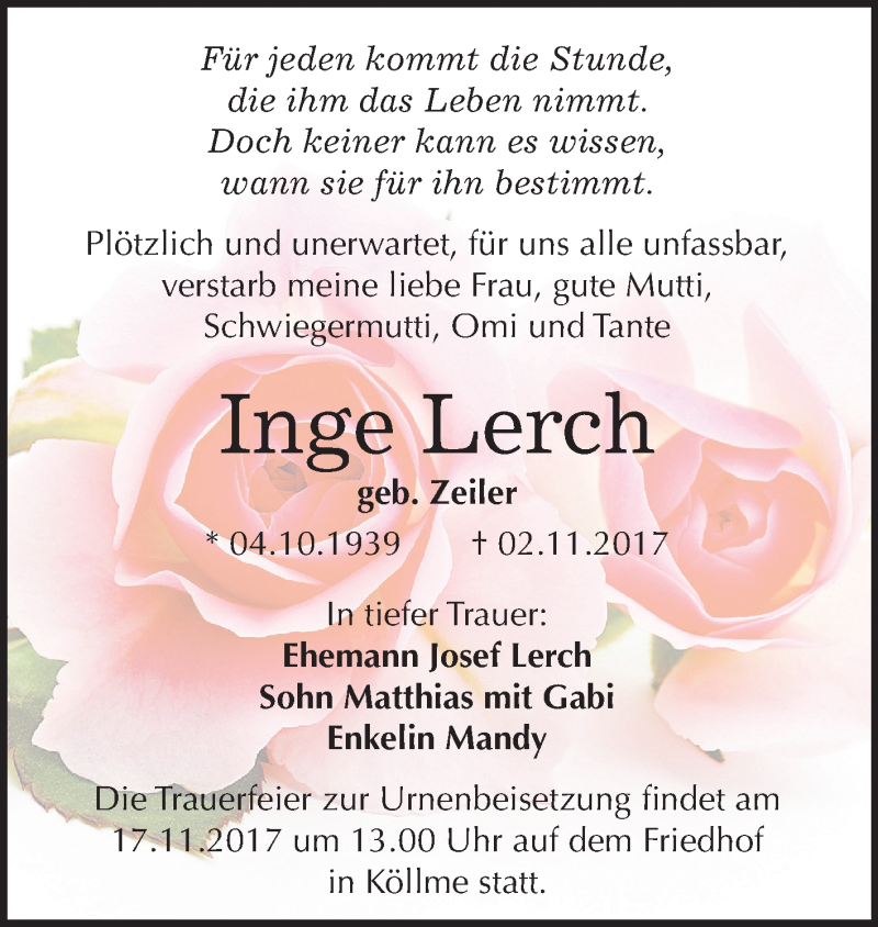  Traueranzeige für Inge Lerch vom 11.11.2017 aus Mitteldeutsche Zeitung Halle/Saalkreis