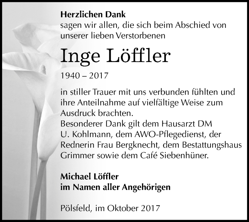  Traueranzeige für Inge Löffler vom 04.11.2017 aus Mitteldeutsche Zeitung Sangerhausen