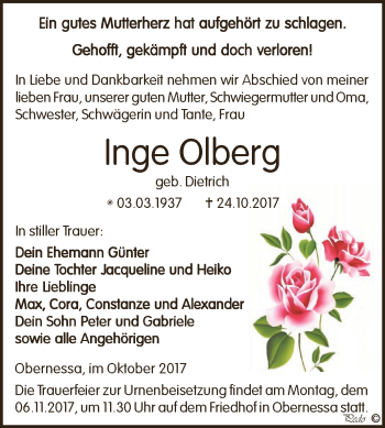 Traueranzeige von Inge Olberg von WVG - Wochenspiegel NMB / WSF / ZTZ