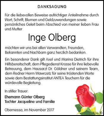 Traueranzeige von Inge Olberg von WVG - Wochenspiegel NMB / WSF / ZTZ