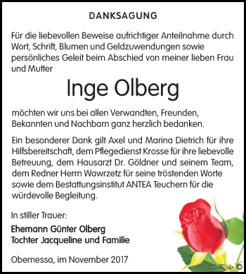 Traueranzeige von Inge Olberg von Mitteldeutsche Zeitung Weißenfels