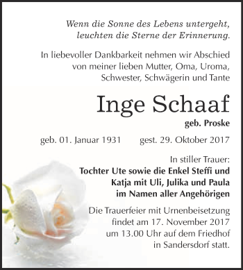 Traueranzeige von Inge Schaaf von WVG - Wochenspiegel Bitterfeld