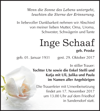Traueranzeige von Inge Schaaf von Mitteldeutsche Zeitung Bitterfeld