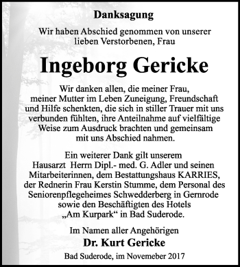 Traueranzeige von Ingeborg Gericke von Mitteldeutsche Zeitung Quedlinburg
