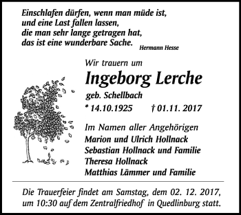 Traueranzeige von Ingeborg Lerche von Mitteldeutsche Zeitung Quedlinburg