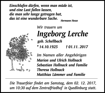 Traueranzeige von Ingeborg Lerche von WVG - Wochenspiegel Quedlinburg
