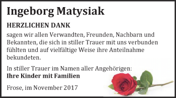 Traueranzeige von Ingeborg Matysiak von Super Sonntag Aschersleben