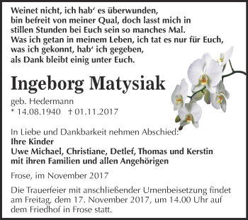 Traueranzeige von Ingeborg Mazysiak von Super Sonntag Aschersleben