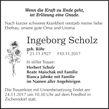Traueranzeige von Ingeborg Scholz von WVG - Wochenspiegel Bitterfeld