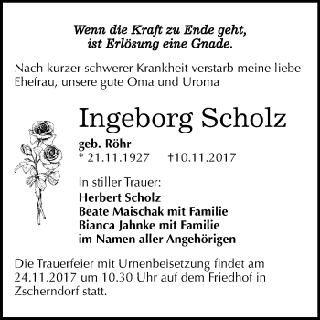 Traueranzeige von Ingeborg Scholz von Mitteldeutsche Zeitung Bitterfeld