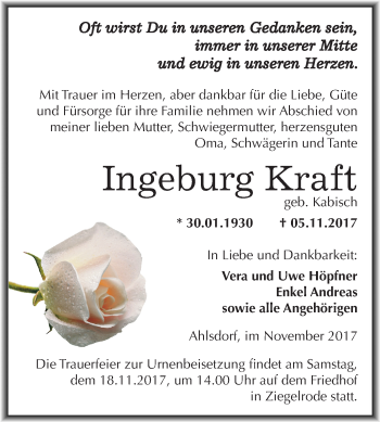 Traueranzeige von Ingeburg Kraft von Mitteldeutsche Zeitung