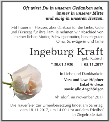 Traueranzeige von Ingeburg Kraft von Wochenspiegel Mansfelder Land