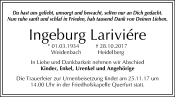 Traueranzeige von Ingeburg Lariviére von WVG - Wochenspiegel Merseburg