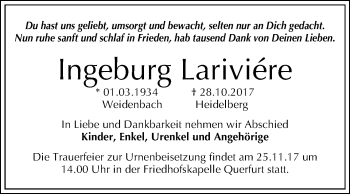 Traueranzeige von Ingeburg Lariviére von Mitteldeutsche Zeitung