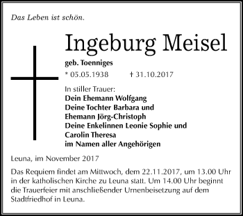 Traueranzeige von Ingeburg Meisel von Mitteldeutsche Zeitung Merseburg/Querfurt