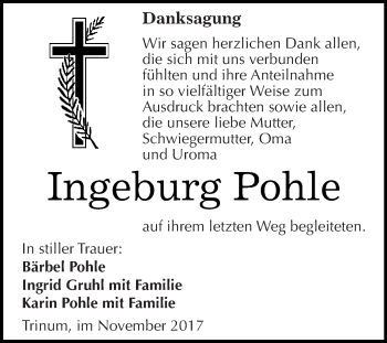 Traueranzeige von Ingeburg Pohle von WVG - Wochenspiegel Dessau / Köthen