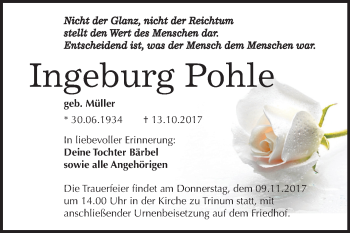 Traueranzeige von Ingeburg Pohle von Mitteldeutsche Zeitung Köthen