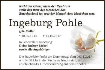 Traueranzeige von Ingeburg Pohle von WVG - Wochenspiegel Dessau / Köthen