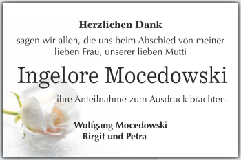 Traueranzeige von Ingelore Mocedowski von WVG - Wochenspiegel Merseburg
