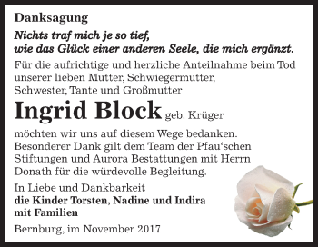 Traueranzeige von Ingrid Block von Mitteldeutsche Zeitung Bernburg