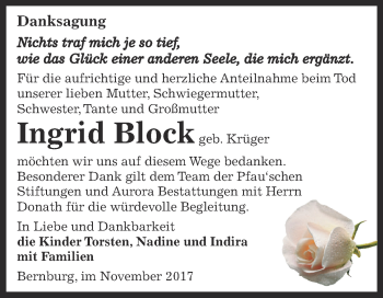 Traueranzeige von Ingrid Block von Super Sonntag Bernburg