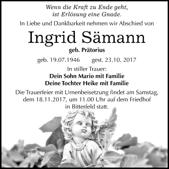 Traueranzeige von Ingrid Sämann von Mitteldeutsche Zeitung Bitterfeld