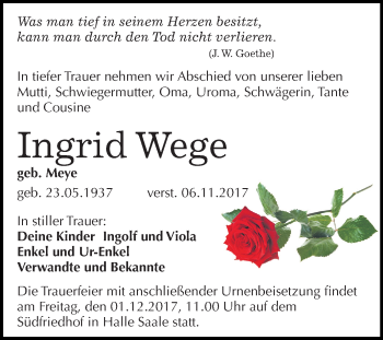 Traueranzeige von Ingrid Wege von Mitteldeutsche Zeitung Halle/Saalkreis