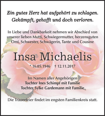Traueranzeige von Insa Michaelis von Super Sonntag Bernburg