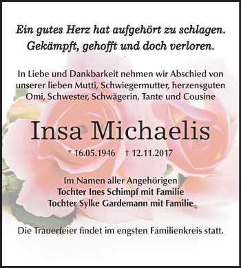 Traueranzeige von Insa Michaelis von Mitteldeutsche Zeitung Bernburg