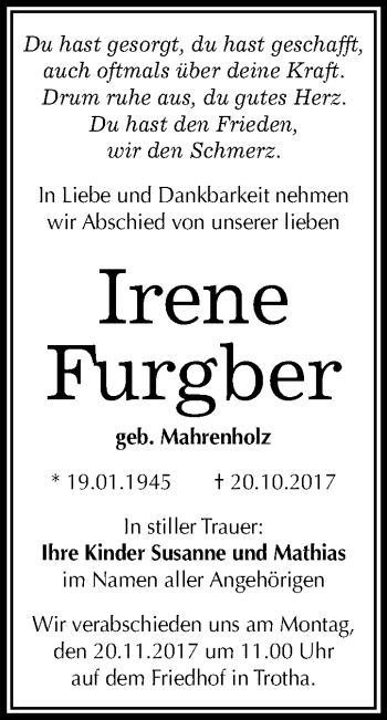 Traueranzeige von Irene Furgber von Mitteldeutsche Zeitung Halle/Saalkreis