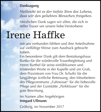 Traueranzeige von Irene Haffke von WVG - Wochenspiegel Dessau / Köthen