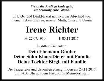 Traueranzeige von Irene Richter von Mitteldeutsche Zeitung Dessau-Roßlau