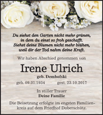 Traueranzeige von Irene Ulrich von WVG - Wochenspiegel Bitterfeld