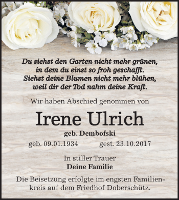 Traueranzeige von Irene Ulrich von Mitteldeutsche Zeitung