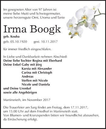 Traueranzeige von Irma Boogk von Mitteldeutsche Zeitung Sangerhausen