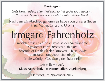 Traueranzeige von Irmgard Fahrenholz von Super Sonntag SGH Mansf. Land