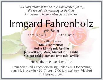 Traueranzeige von Irmgard Fahrenholz von Super Sonntag SGH Mansf. Land