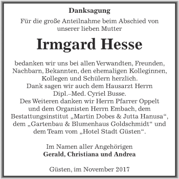 Traueranzeige von Irmgard Hesse von Super Sonntag Bernburg
