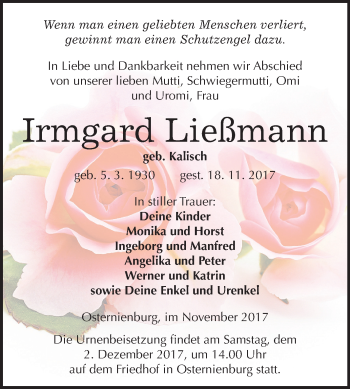Traueranzeige von Irmgard Ließmann von Mitteldeutsche Zeitung Köthen