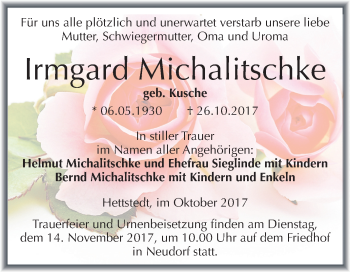 Traueranzeige von Irmgard Michalitschke von Mitteldeutsche Zeitung