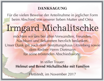 Traueranzeige von Irmgard Michalitschke von Mitteldeutsche Zeitung