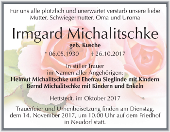 Traueranzeige von Irmgard Michalitschke von Wochenspiegel Mansfelder Land