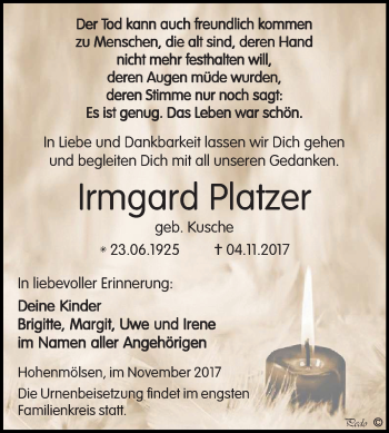 Traueranzeige von Irmgard Platzer von Mitteldeutsche Zeitung Weißenfels