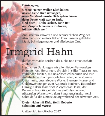 Traueranzeige von Irmgrid Hahn von Mitteldeutsche Zeitung